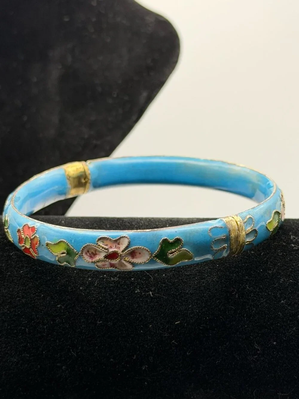 VTG Cloisonné Bracelet Bangle Cobalt Blue Enamel Gold Floral Hinged 3